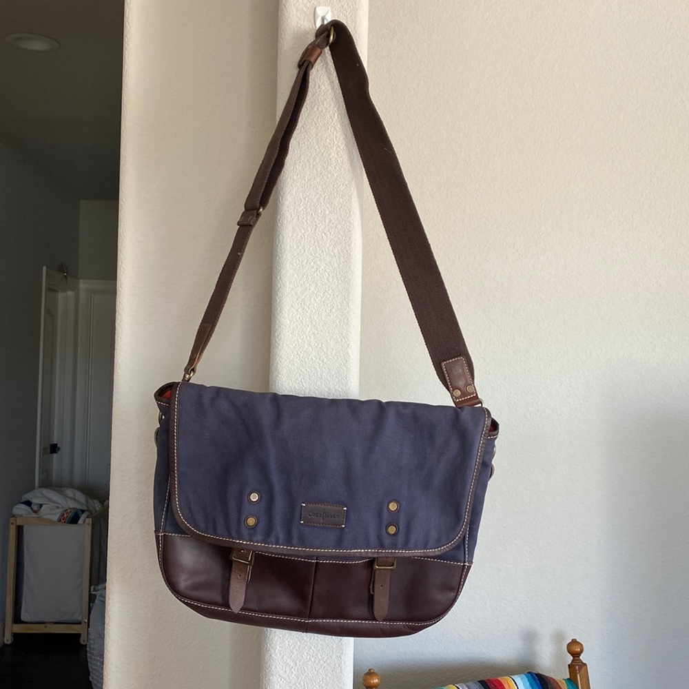 Cole Haan leather canvas blue brown messenger laptop work bag briefcase